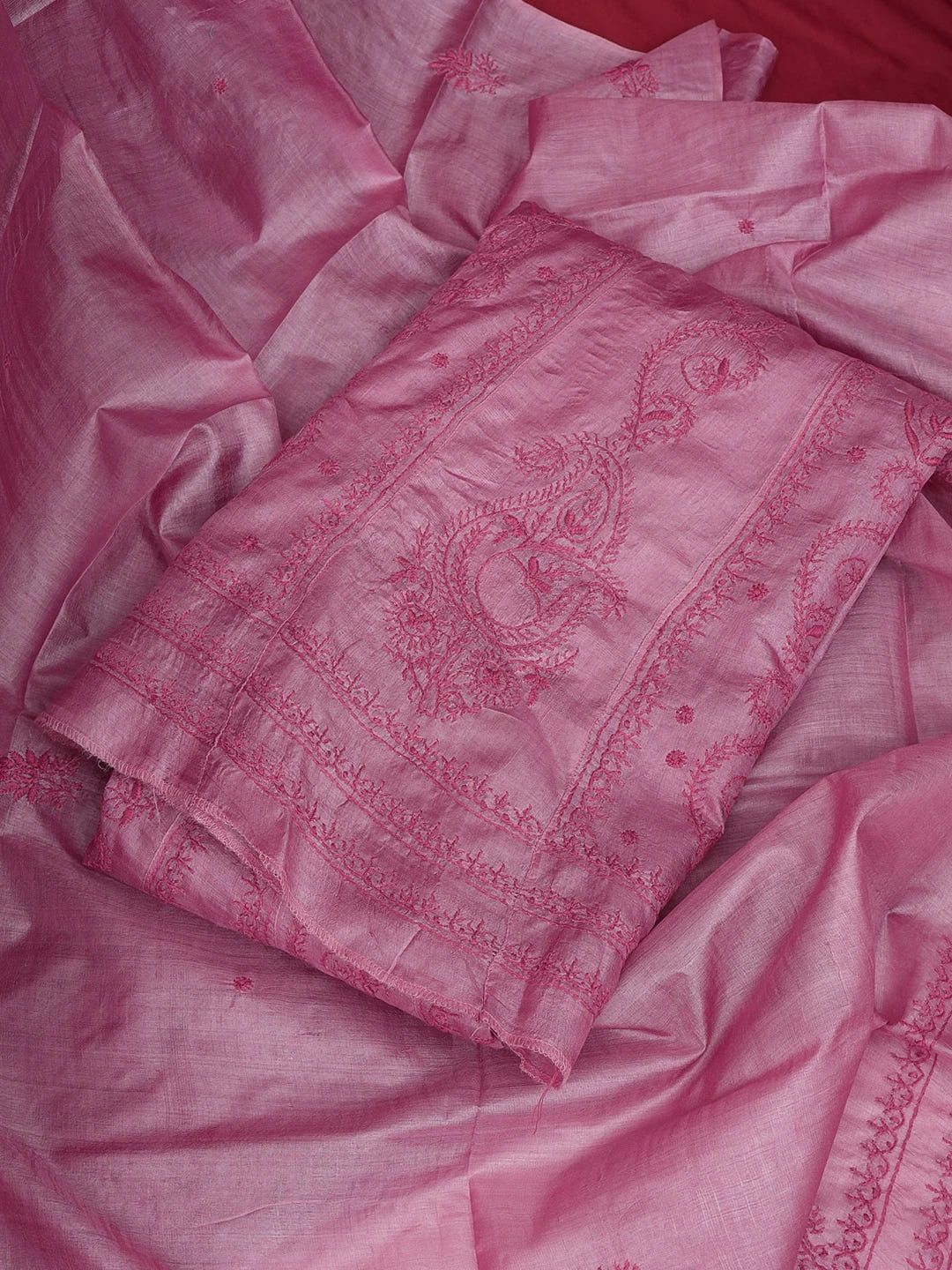 Ada Hand Embroidered Onion Pink Silk Lucknowi Chikankari Semi-Stitched Anarkali Kurta Dupatta Set 01A626995