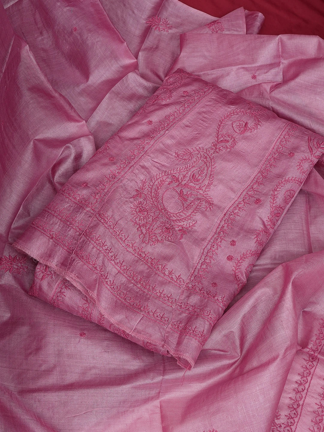 Ada Hand Embroidered Onion Pink Silk Lucknowi Chikankari Semi-Stitched Anarkali Kurta Dupatta Set 01A626995