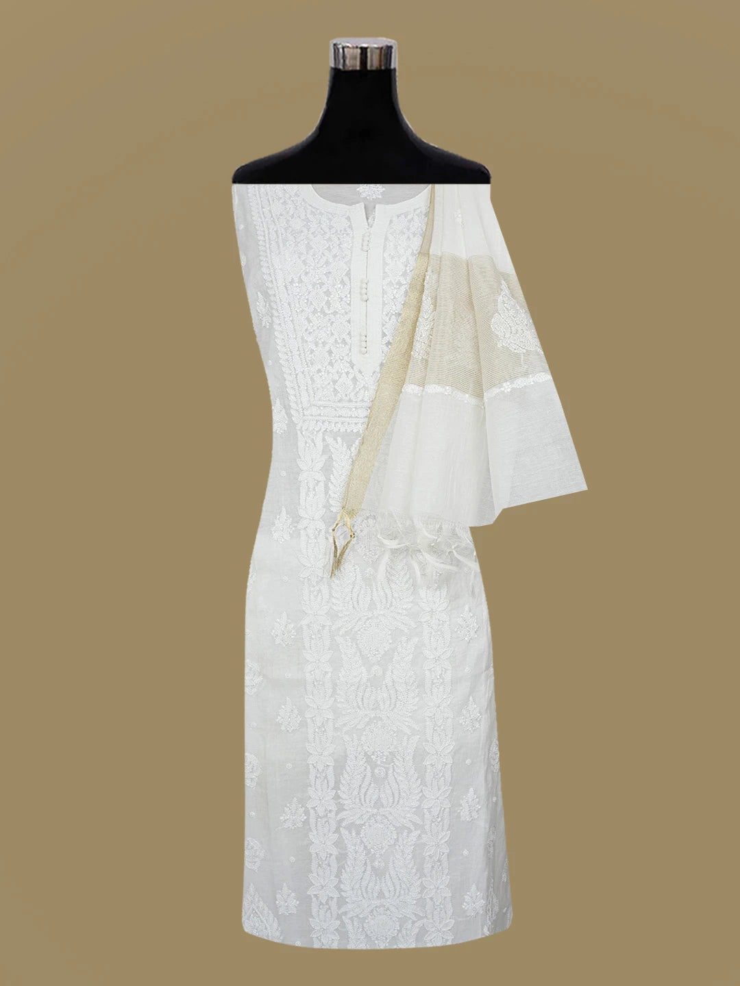Ada Hand Embroidered Ivory White Chanderi Lucknowi Chikankari Semi-Stitched Kurta Dupatta Set With Pearl Work 01A621767