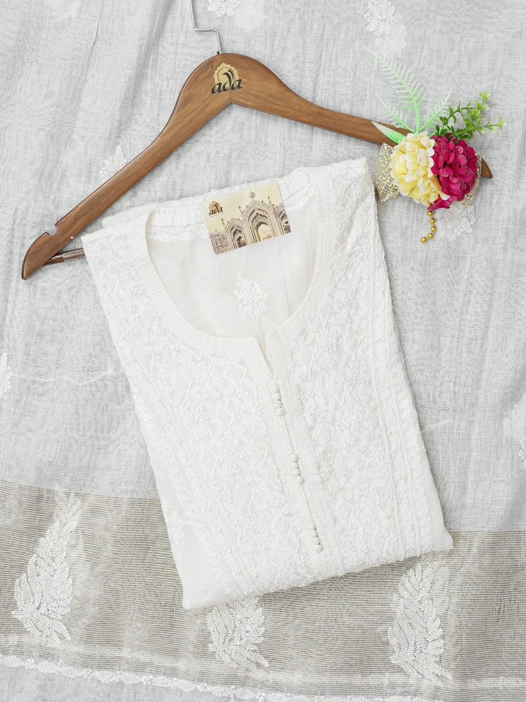 Ada Hand Embroidered Ivory White Chanderi Lucknowi Chikankari Semi-Stitched Kurta Dupatta Set With Pearl Work 01A621767