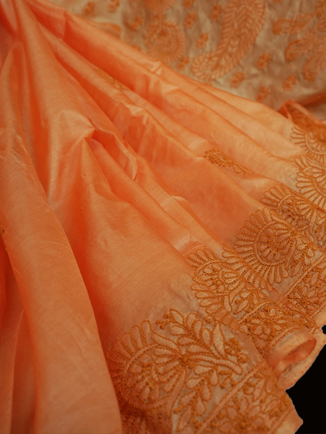 Ada Hand Embroidered Orange Silk Lucknowi Chikankari Saree With Blouse 01A627000