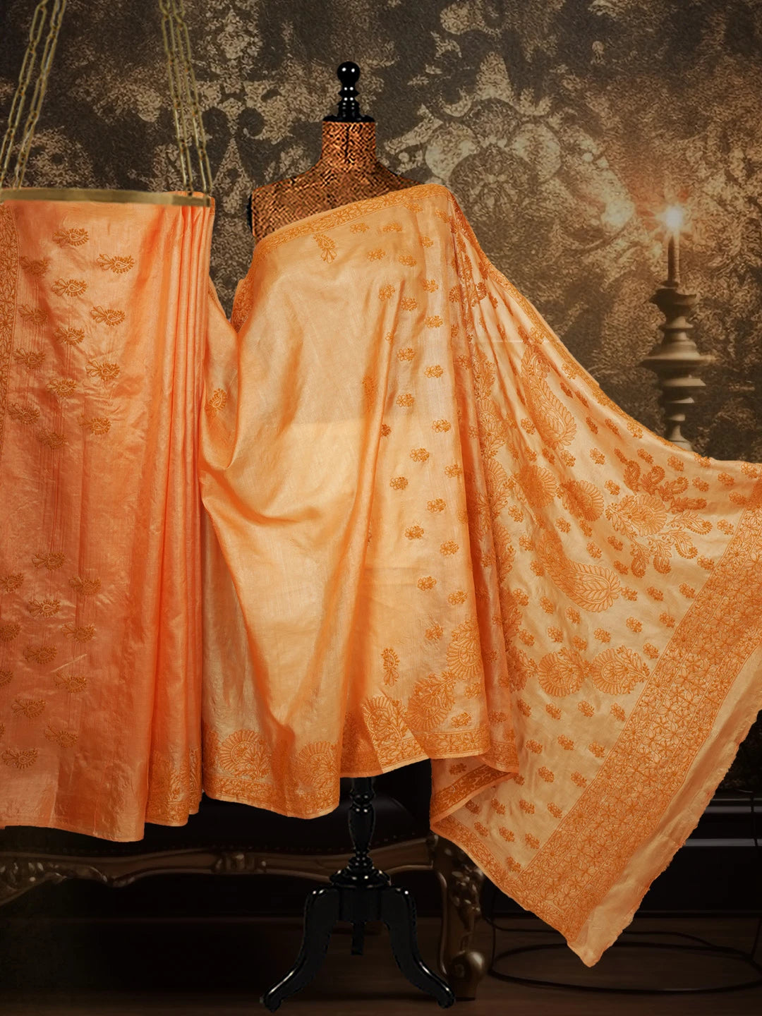 Ada Hand Embroidered Orange Silk Lucknowi Chikankari Saree With Blouse 01A627000