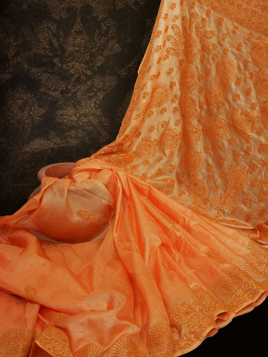 Ada Hand Embroidered Orange Silk Lucknowi Chikankari Saree With Blouse 01A627000