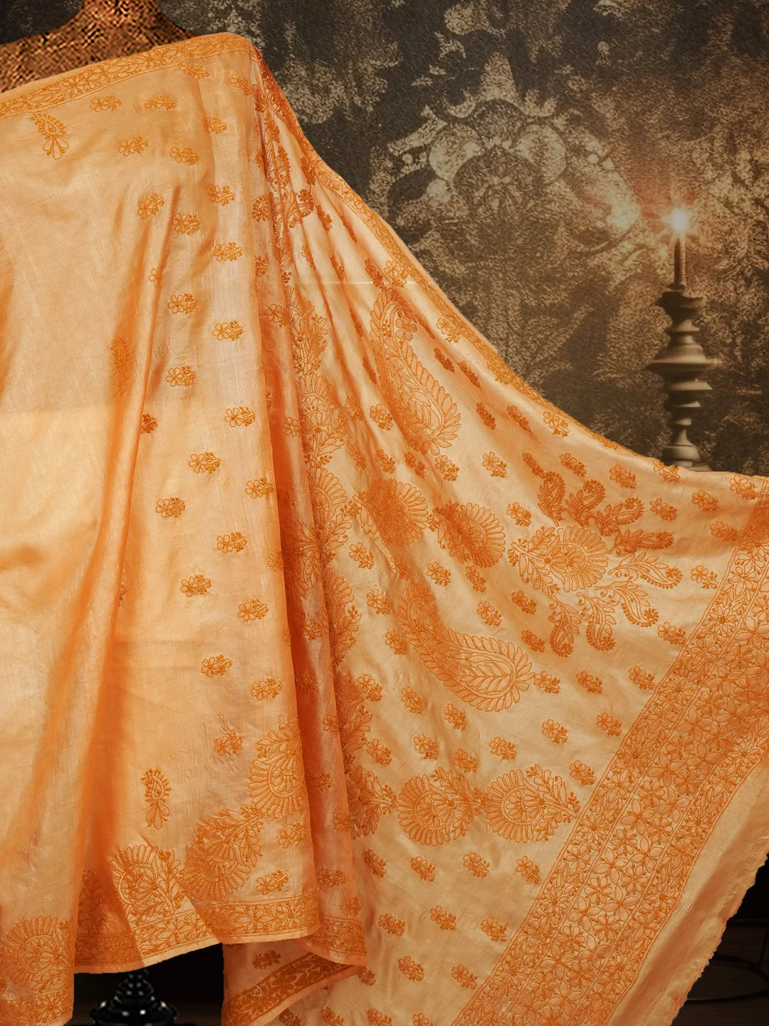Ada Hand Embroidered Orange Silk Lucknowi Chikankari Saree With Blouse 01A627000