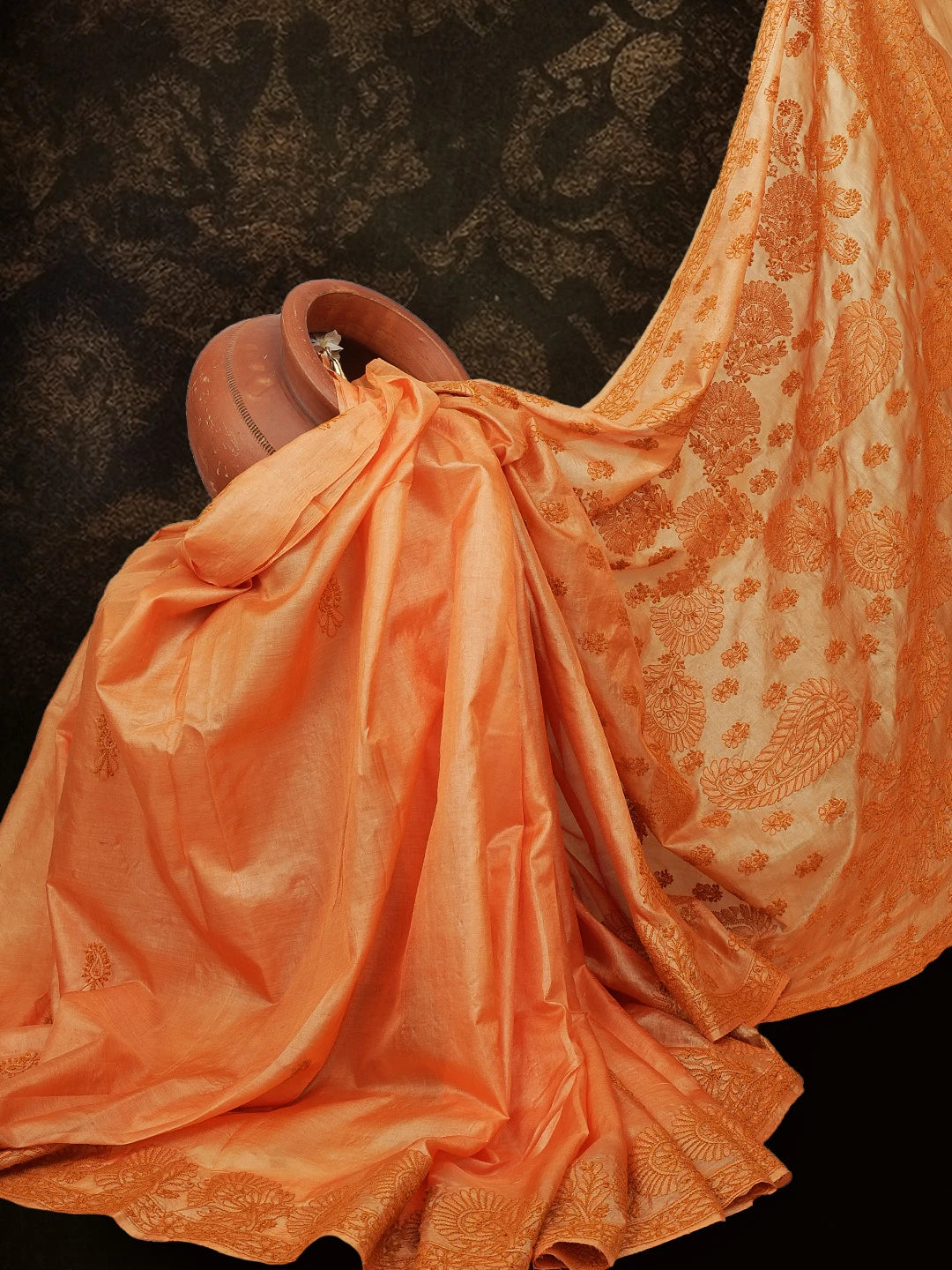 Ada Hand Embroidered Orange Silk Lucknowi Chikankari Saree With Blouse 01A627000
