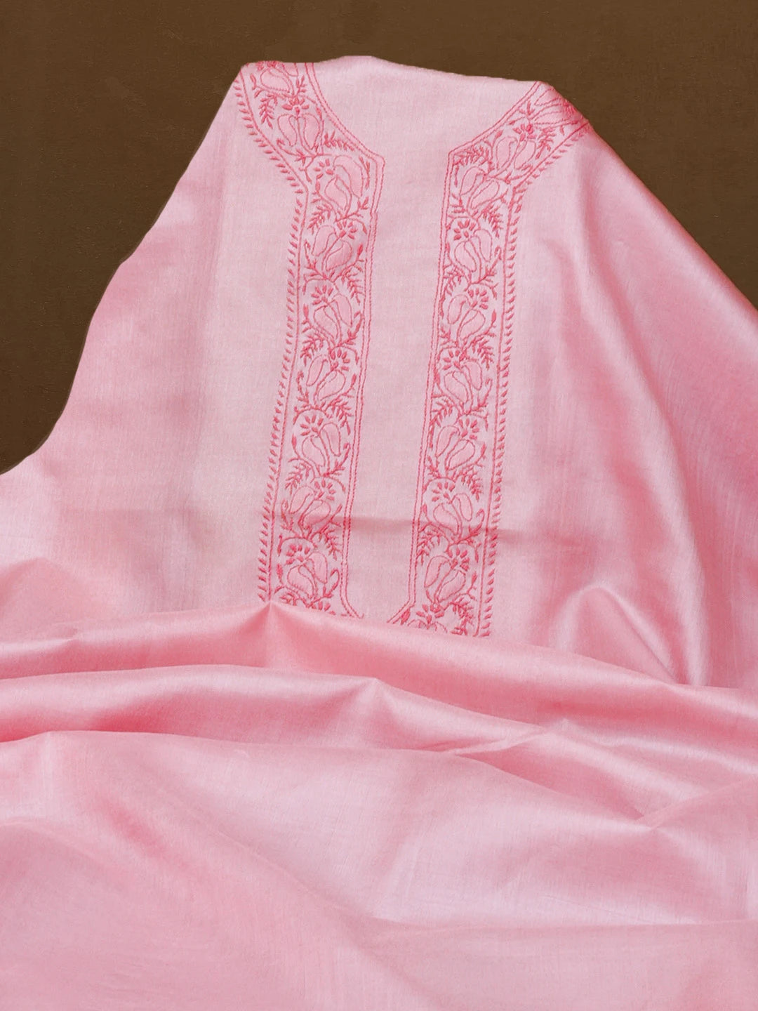 Ada Hand Embroidered Onion Pink Silk Lucknowi Chikankari Men's Kurta Piece 01A627025
