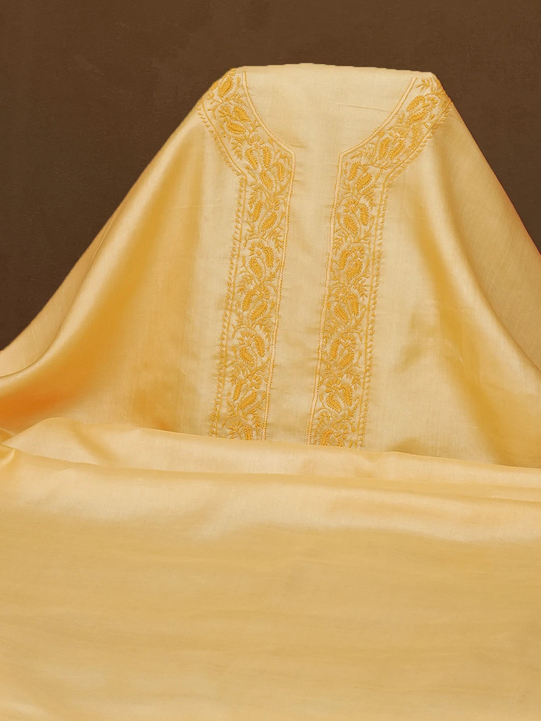Ada Hand Embroidered Yellow Silk Lucknowi Chikankari Men's Kurta Piece 01A627027