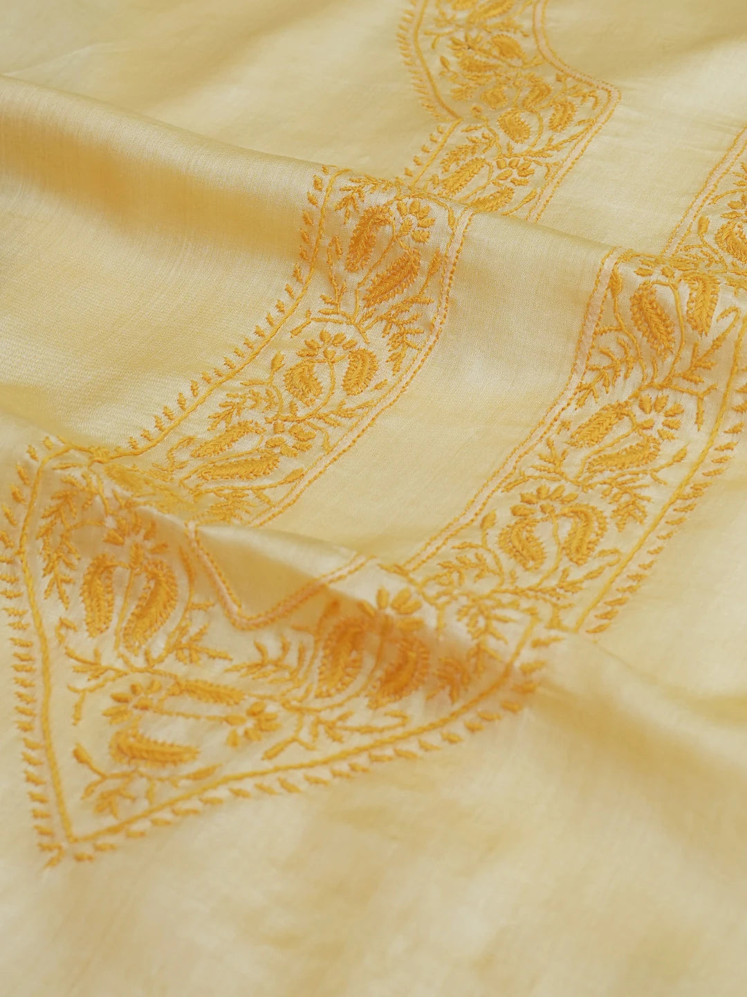 Ada Hand Embroidered Yellow Silk Lucknowi Chikankari Men's Kurta Piece 01A627027