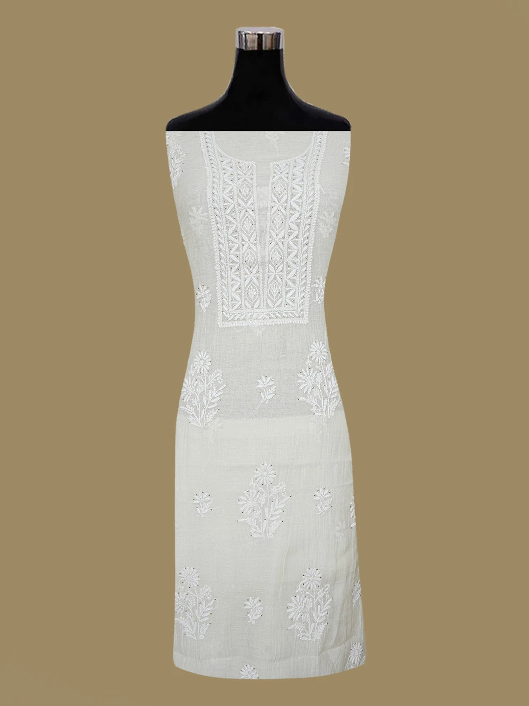 Ada Hand Embroidered Off White Chanderi Lucknowi Chikankari Unstitched Kurta Dupatta Set with Muqaish/Mukaish Work 01A618783