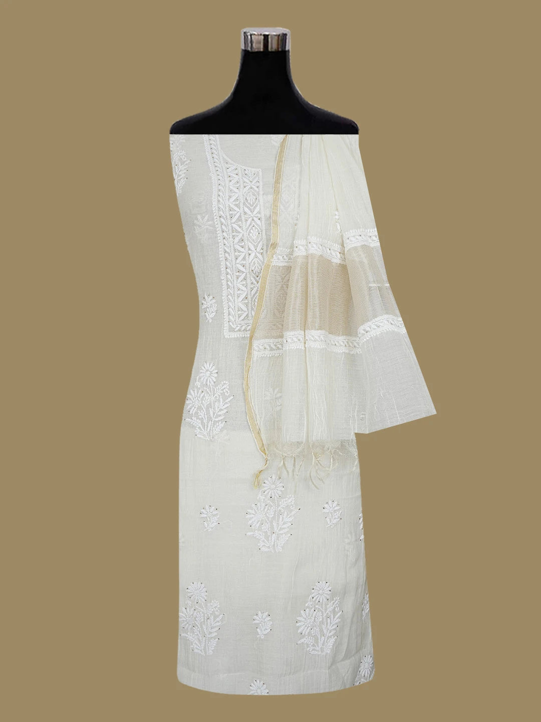 Ada Hand Embroidered Off White Chanderi Lucknowi Chikankari Unstitched Kurta Dupatta Set with Muqaish/Mukaish Work 01A618783