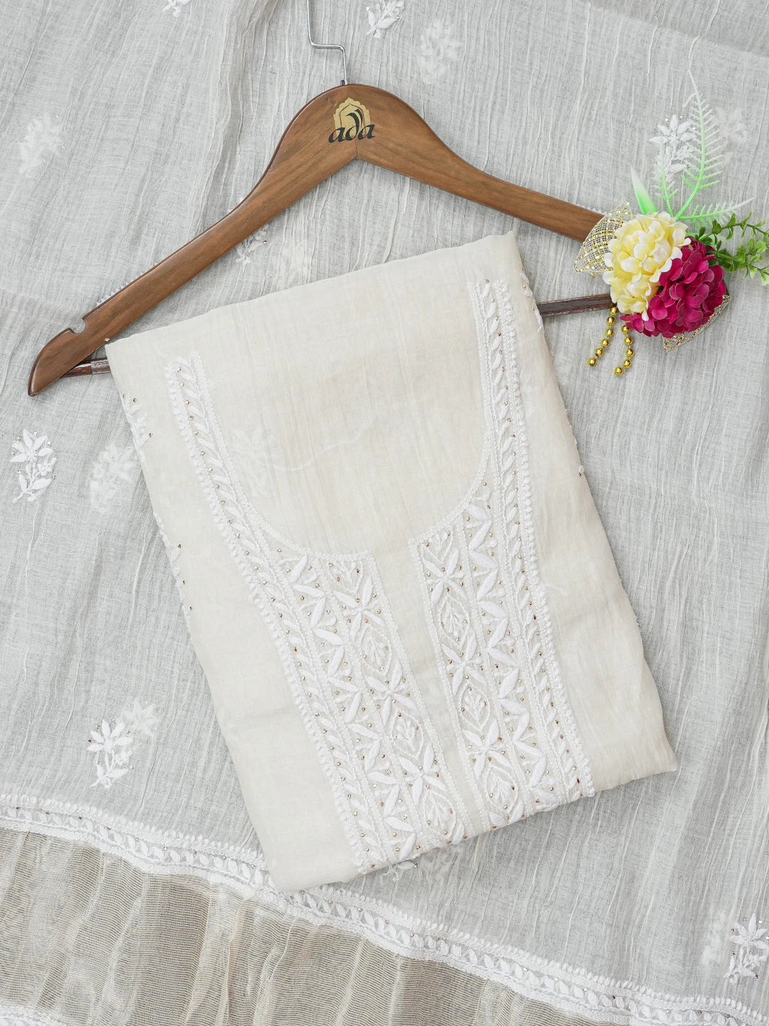 Ada Hand Embroidered Off White Chanderi Lucknowi Chikankari Unstitched Kurta Dupatta Set with Muqaish/Mukaish Work 01A618783