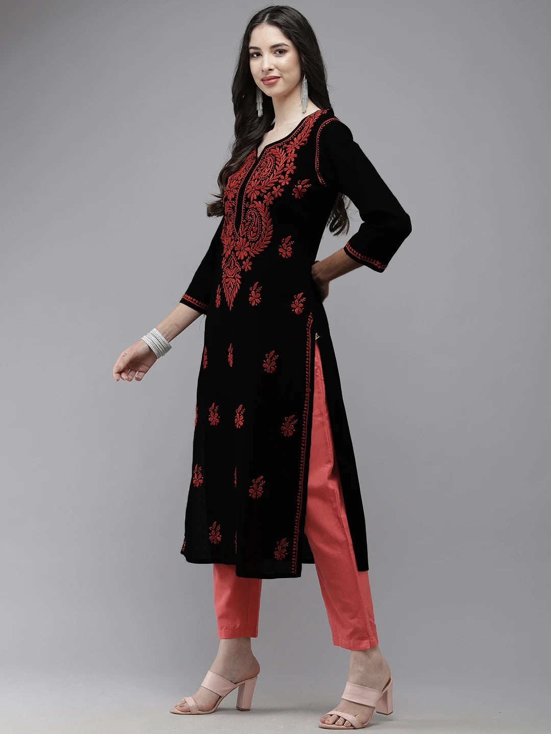 Ada Hand Embroidered Black Cotton Lucknowi Chikankari Straight Kurta A411675