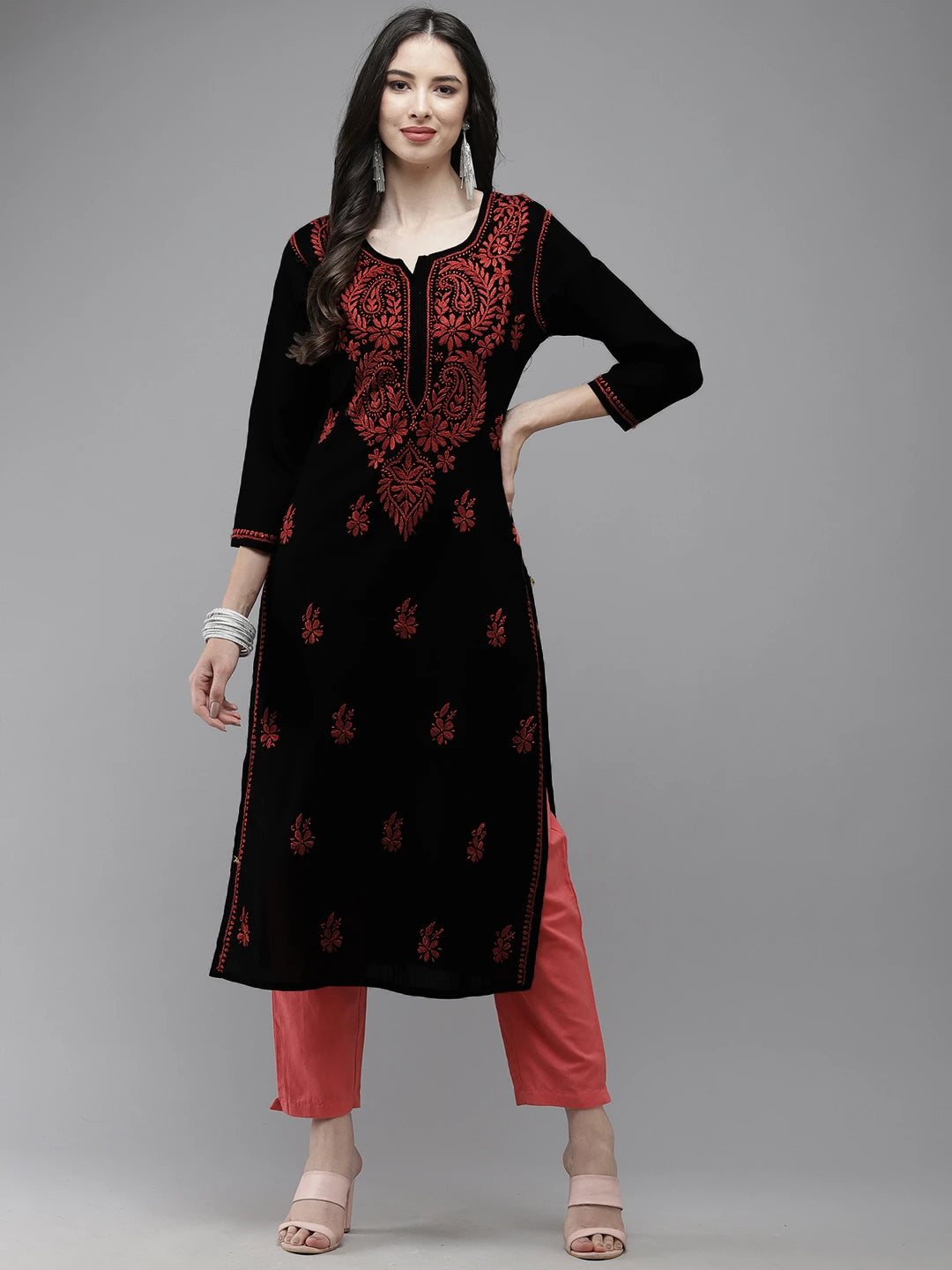 Ada Hand Embroidered Black Cotton Lucknowi Chikankari Straight Kurta A411675