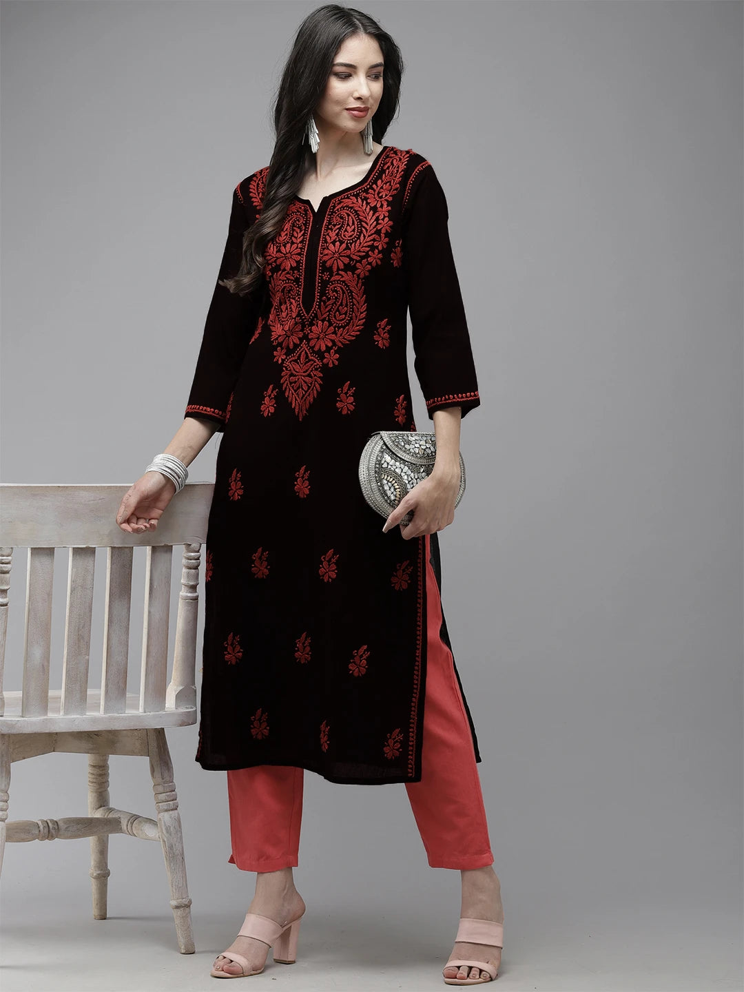 Ada Hand Embroidered Black Cotton Lucknowi Chikankari Straight Kurta A411675