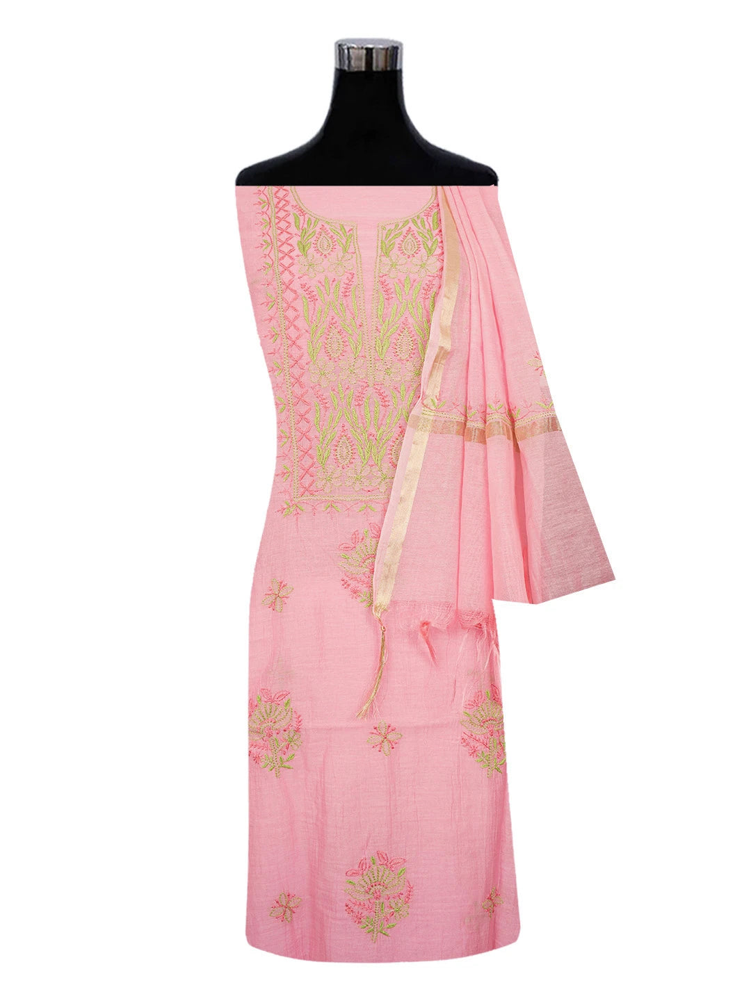 Ada Hand Embroidered Pink Chanderi Lucknowi Chikankari Unstitched Kurta Dupatta Set 01A621852