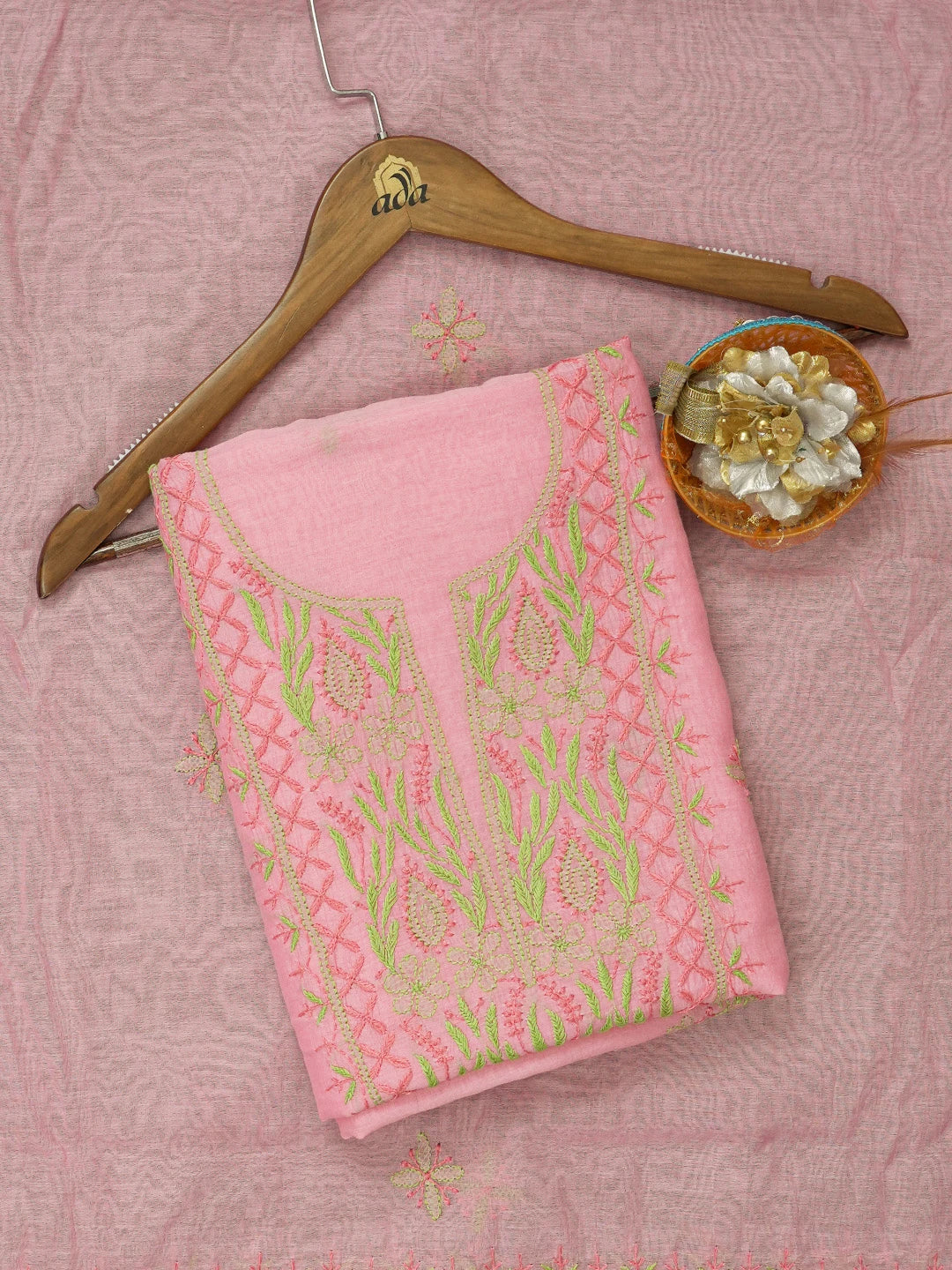 Ada Hand Embroidered Pink Chanderi Lucknowi Chikankari Unstitched Kurta Dupatta Set 01A621852