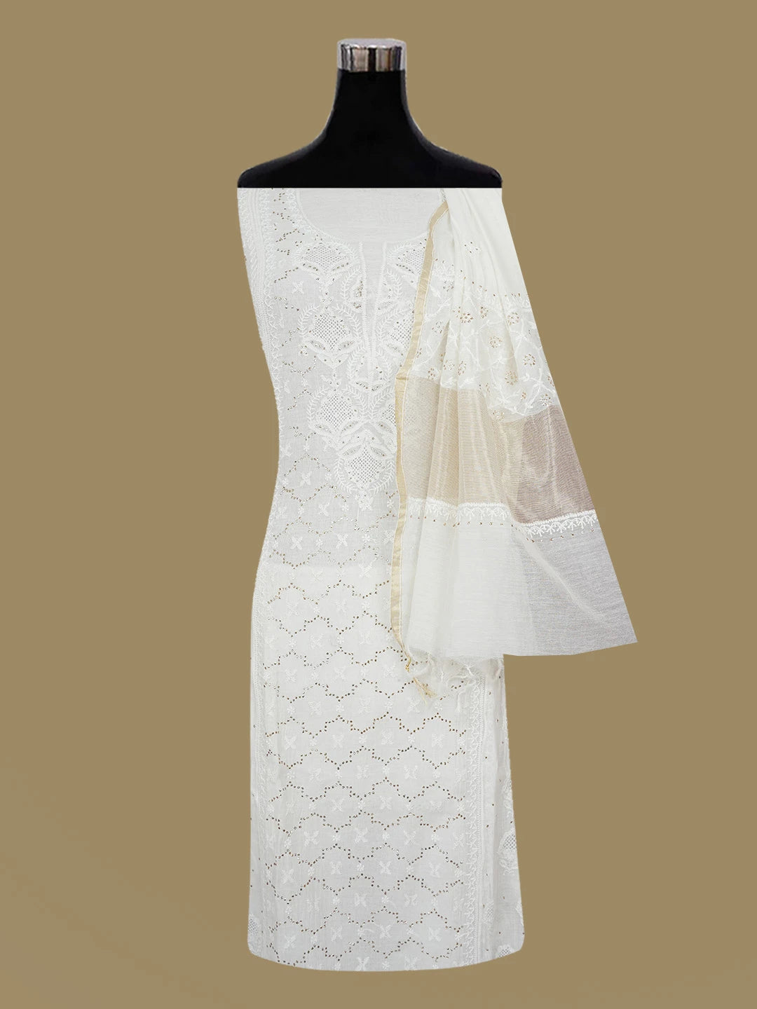 Ada Hand Embroidered Ivory White Chanderi Lucknowi Chikankari Semi-stitched Kurta Dupatta Set With Muqaish Work 01A626537