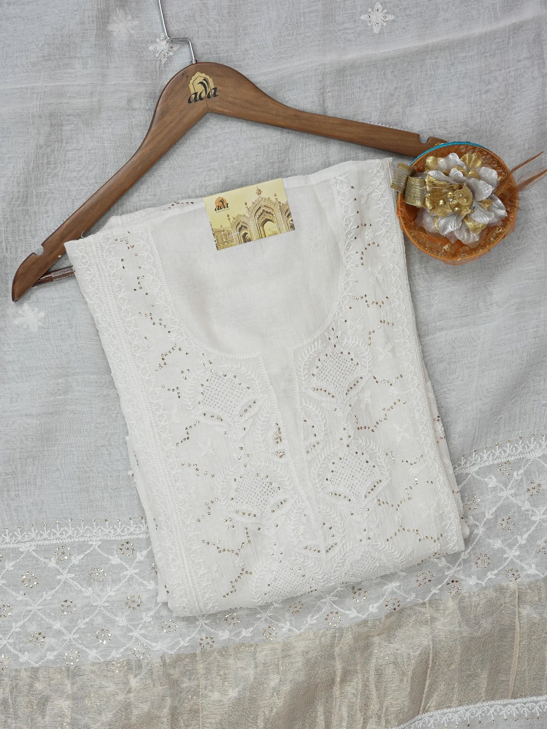 Ada Hand Embroidered Ivory White Chanderi Lucknowi Chikankari Semi-stitched Kurta Dupatta Set With Muqaish Work 01A626537