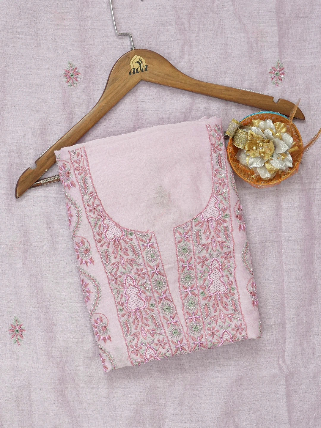 Ada Hand Embroidered Lavender Chanderi Lucknowi Chikankari Unstitched Kurta Dupatta Set With Cutdana and Sequinned Work 01A610251