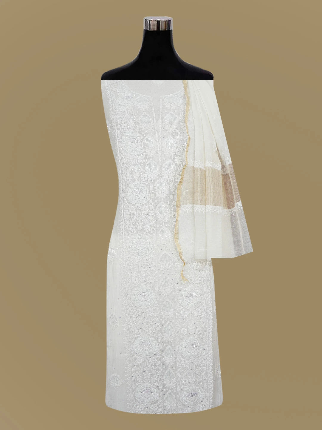 Ada Hand Embroidered White Cornsilk Chanderi Lucknowi Chikankari Semi-stitched Kurta Dupatta Set With Cutdana Work 01A626474