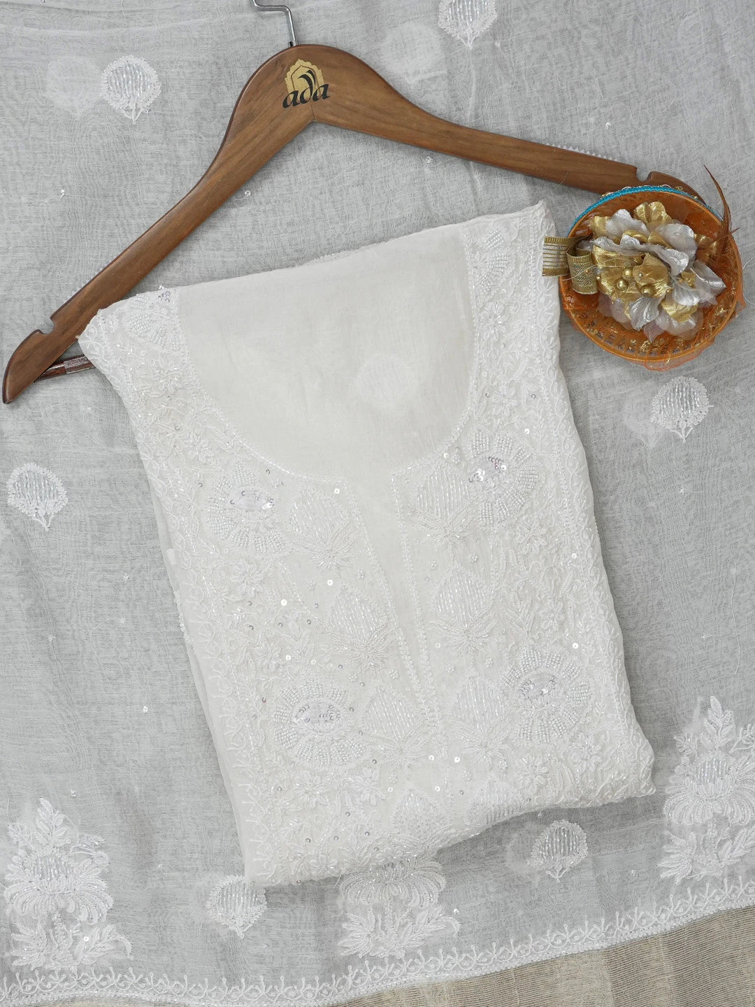 Ada Hand Embroidered White Cornsilk Chanderi Lucknowi Chikankari Semi-stitched Kurta Dupatta Set With Cutdana Work 01A626474