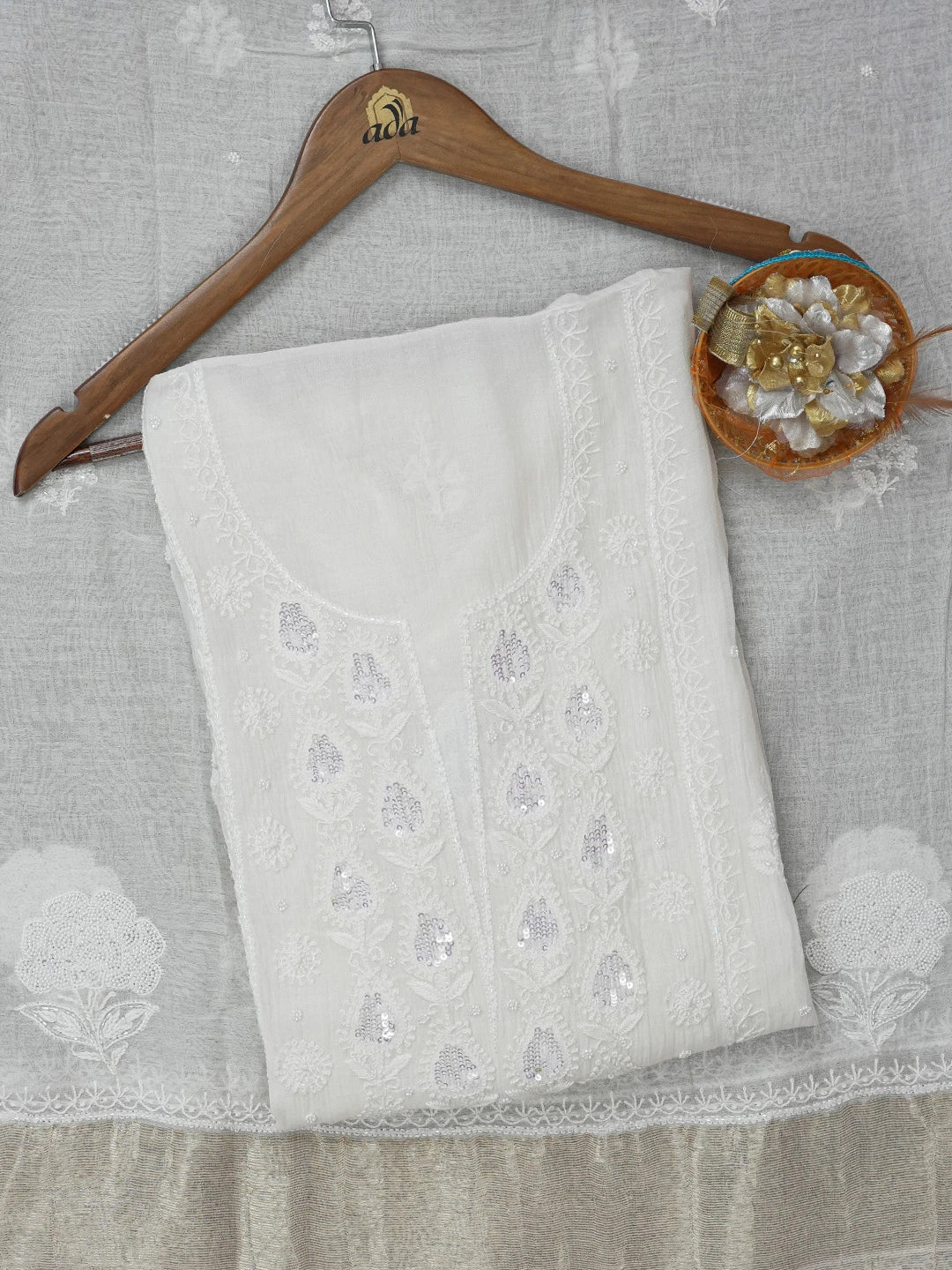 Ada Hand Embroidered White Chanderi Lucknowi Chikankari Semi-stitched Kurta Dupatta Set With Cutdana and Sequinned Work 01A626535