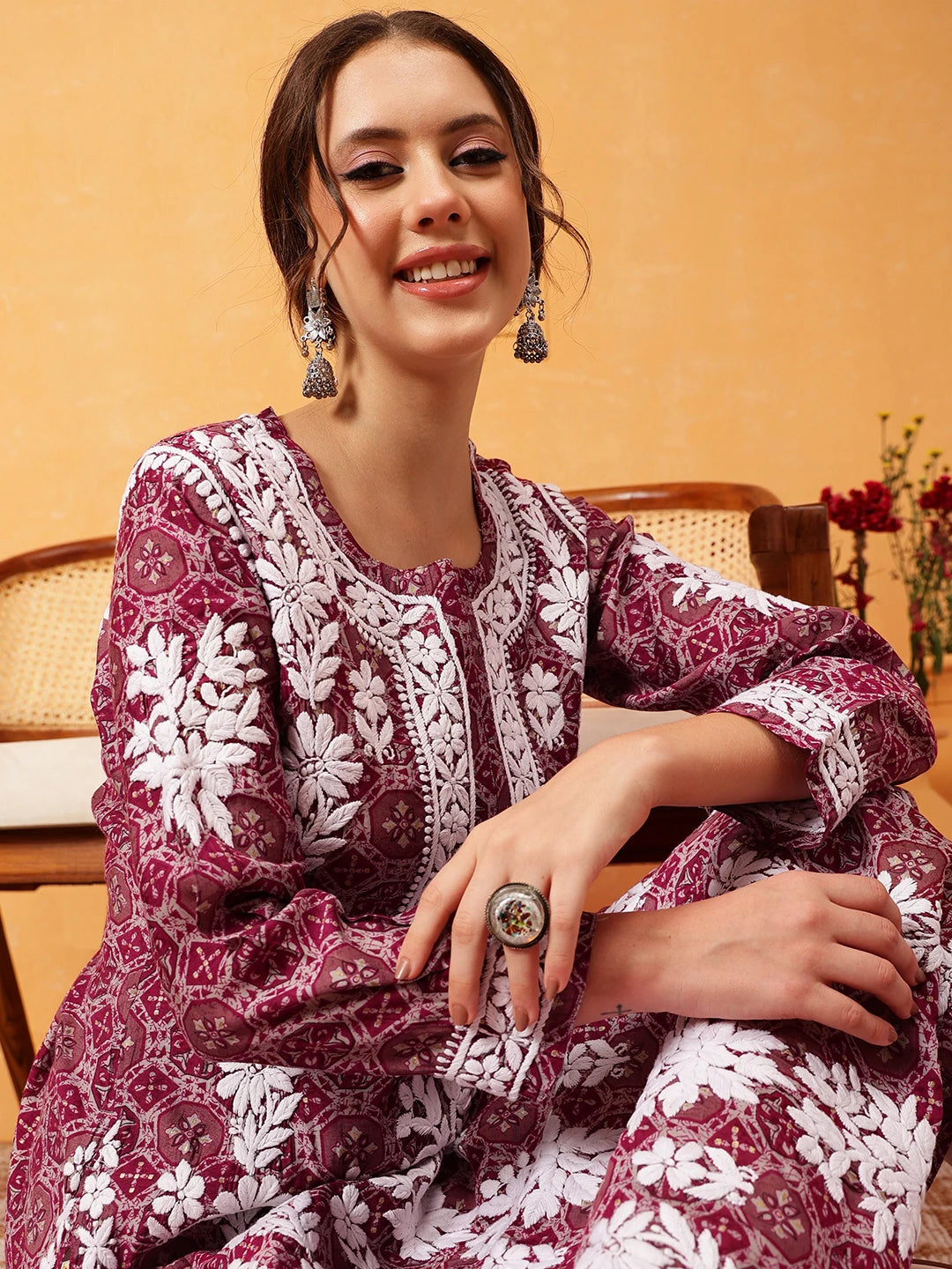 Ada Hand Embroidered Printed Wine Chanderi Lucknowi Chikankari Straight Kurta A411574