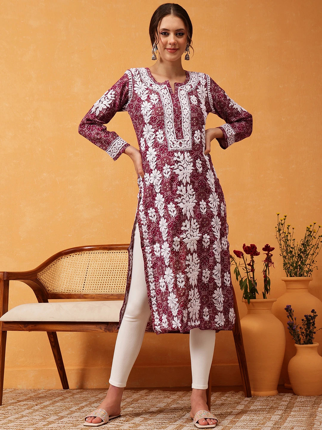 Ada Hand Embroidered Printed Wine Chanderi Lucknowi Chikankari Straight Kurta A411574