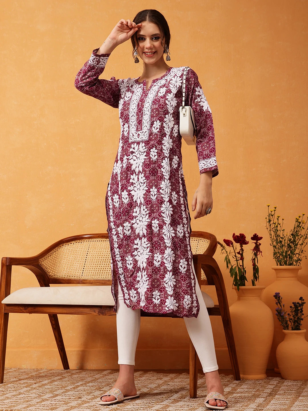 Ada Hand Embroidered Printed Wine Chanderi Lucknowi Chikankari Straight Kurta A411574