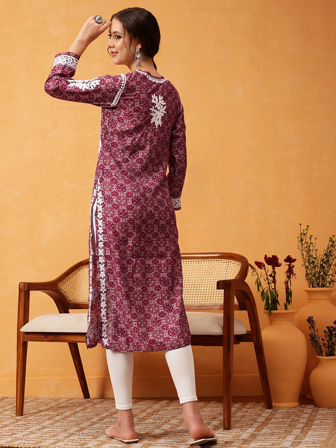 Ada Hand Embroidered Printed Wine Chanderi Lucknowi Chikankari Straight Kurta A411574
