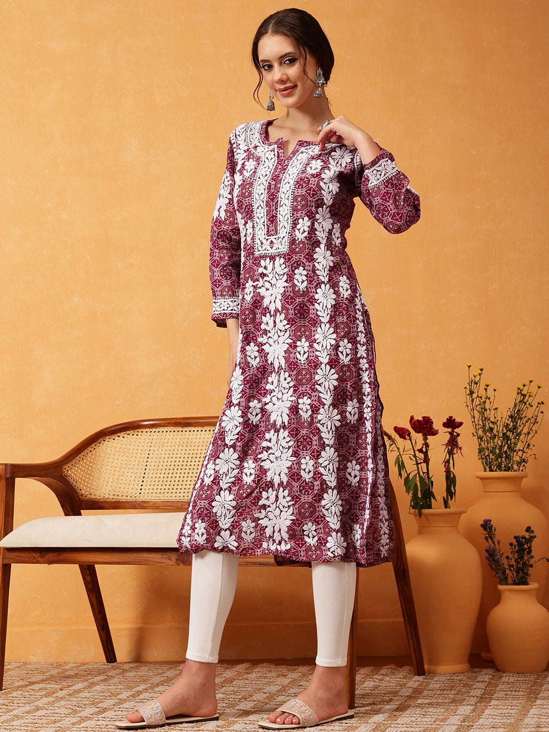 Ada Hand Embroidered Printed Wine Chanderi Lucknowi Chikankari Straight Kurta A411574