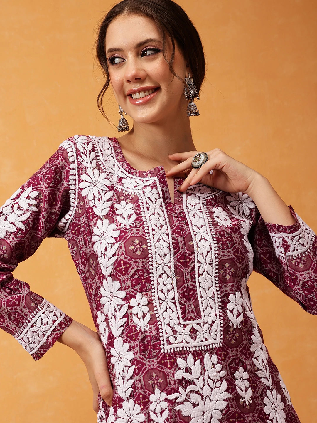 Ada Hand Embroidered Printed Wine Chanderi Lucknowi Chikankari Straight Kurta A411574