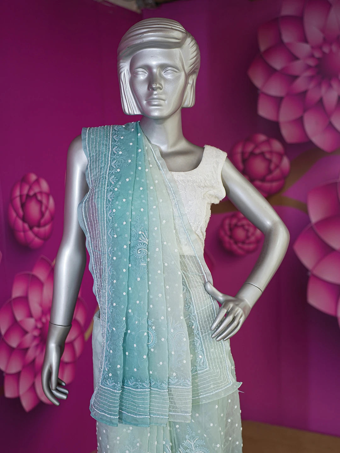 Ada Hand Embroidered Teal Blue Organza Lucknowi Chikankari Saree and Blouse With Cutdana and Pearl Work 01A622306