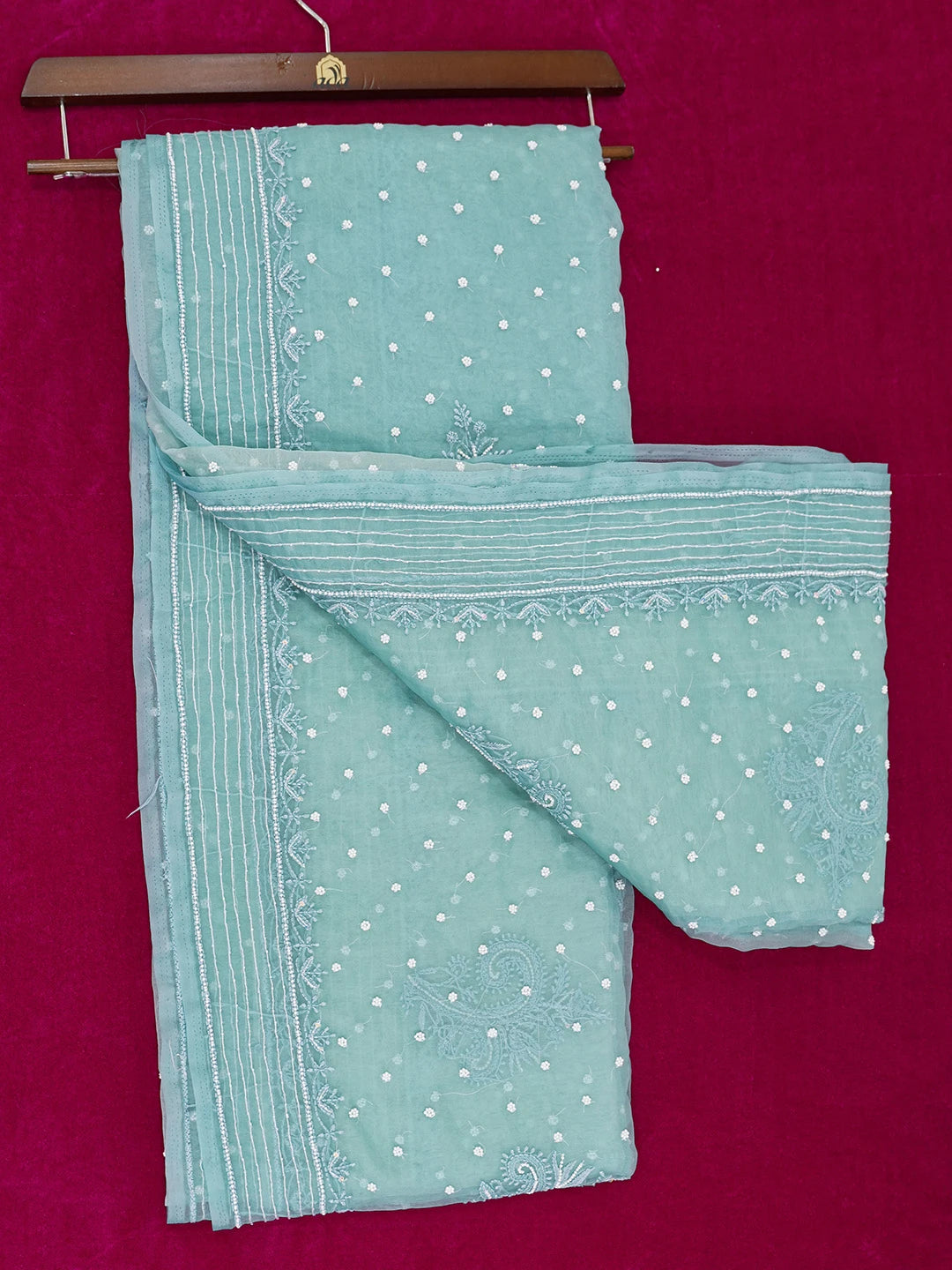 Ada Hand Embroidered Teal Blue Organza Lucknowi Chikankari Saree and Blouse With Cutdana and Pearl Work 01A622306