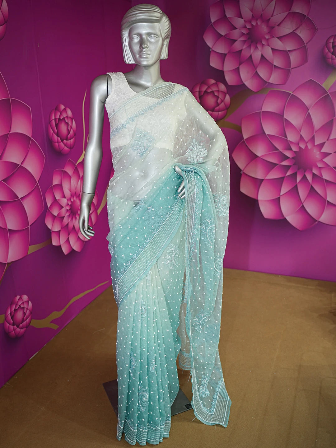 Ada Hand Embroidered Teal Blue Organza Lucknowi Chikankari Saree and Blouse With Cutdana and Pearl Work 01A622306
