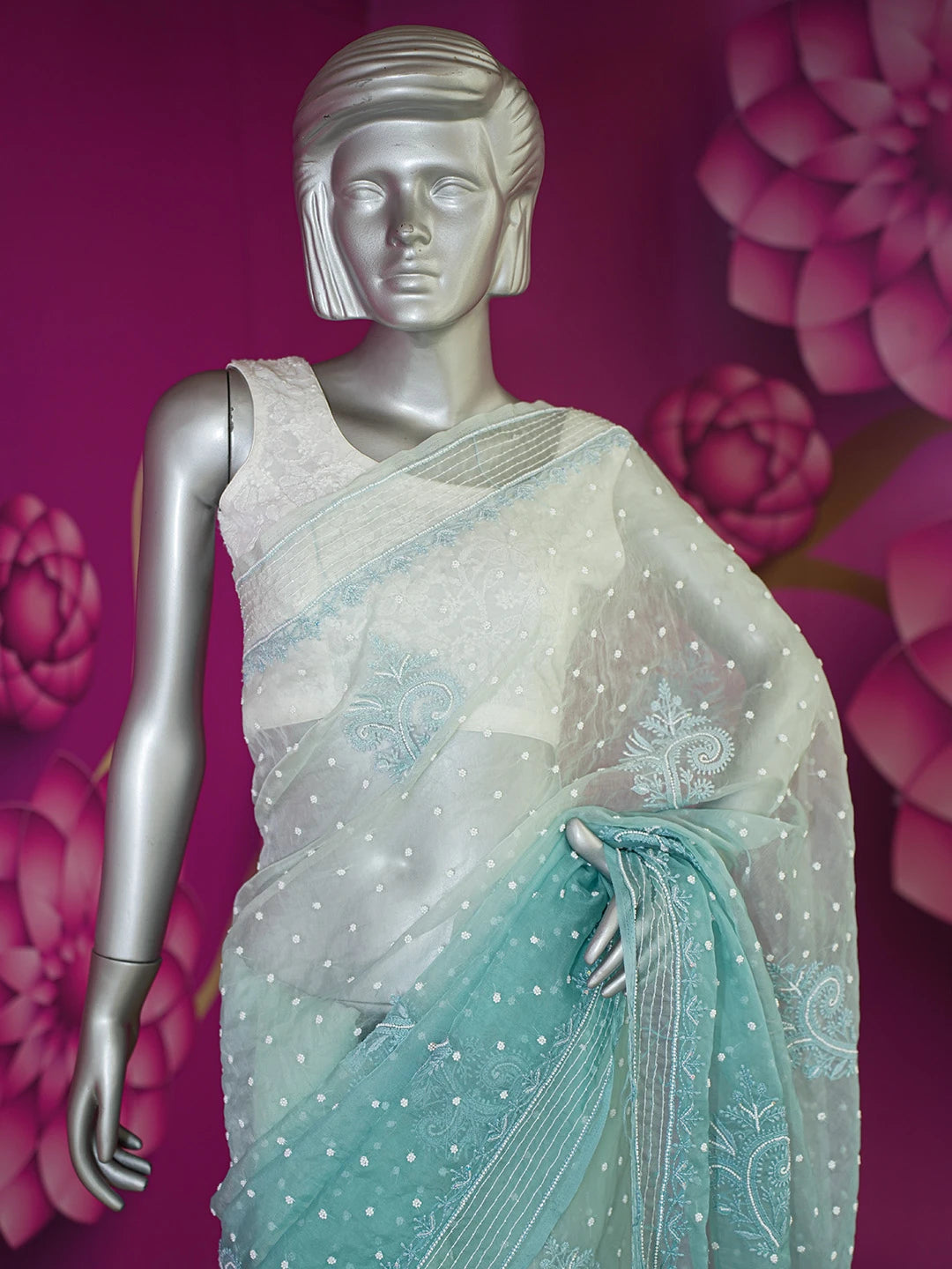 Ada Hand Embroidered Teal Blue Organza Lucknowi Chikankari Saree and Blouse With Cutdana and Pearl Work 01A622306
