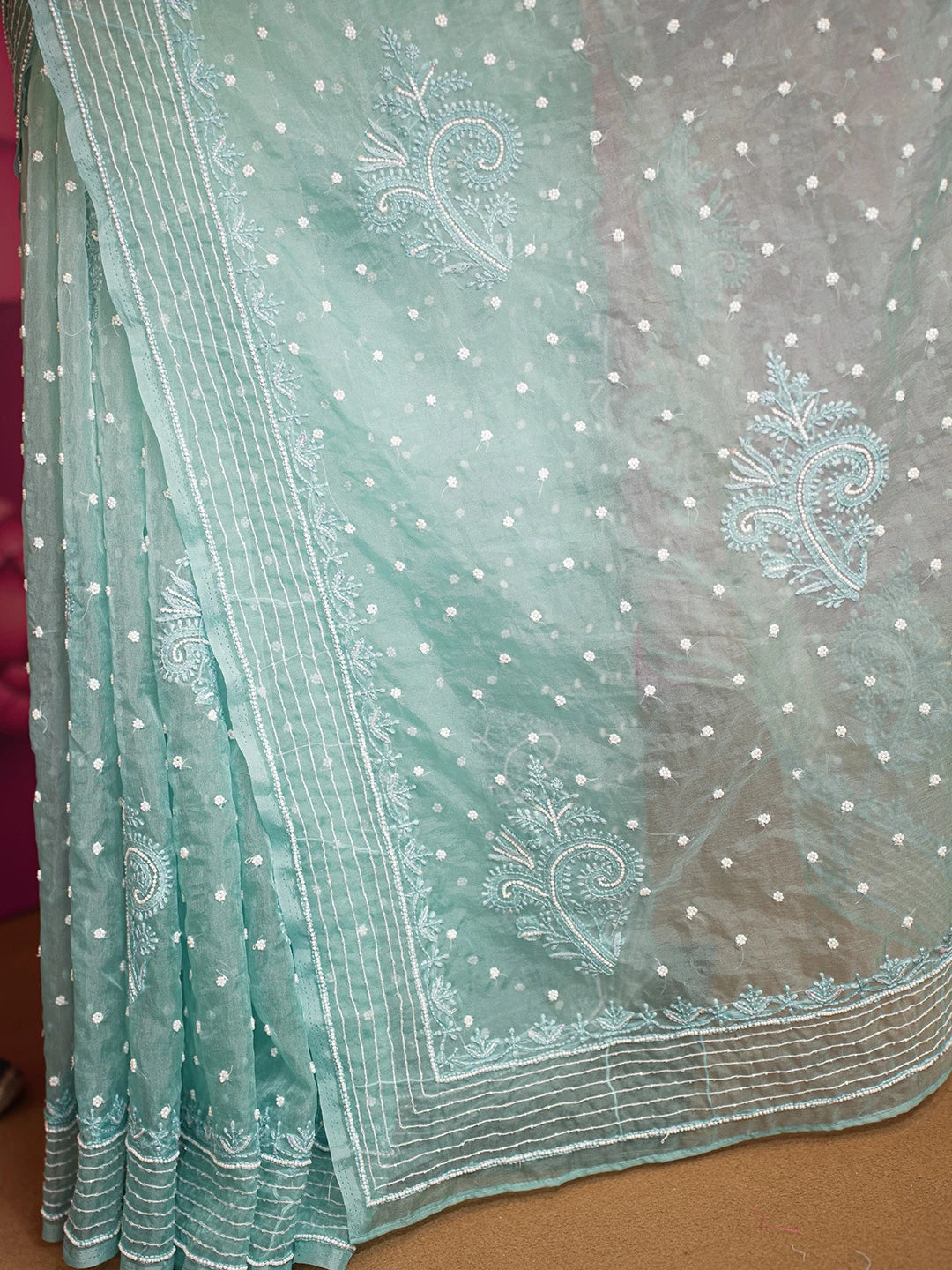 Ada Hand Embroidered Teal Blue Organza Lucknowi Chikankari Saree and Blouse With Cutdana and Pearl Work 01A622306