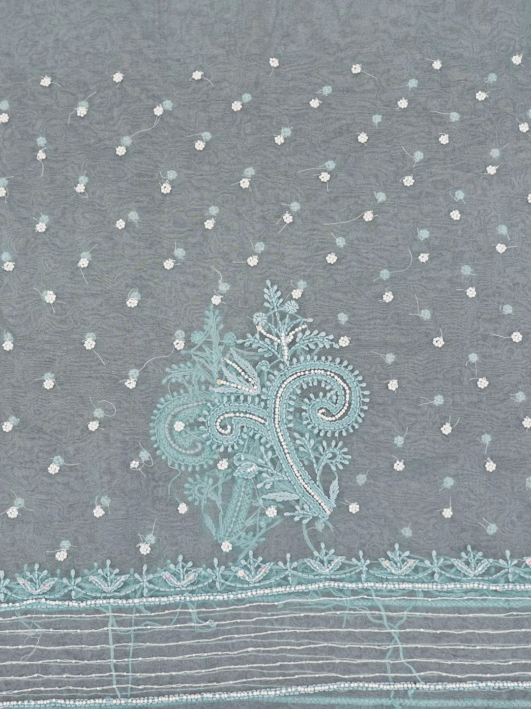 Ada Hand Embroidered Teal Blue Organza Lucknowi Chikankari Saree and Blouse With Cutdana and Pearl Work 01A622306