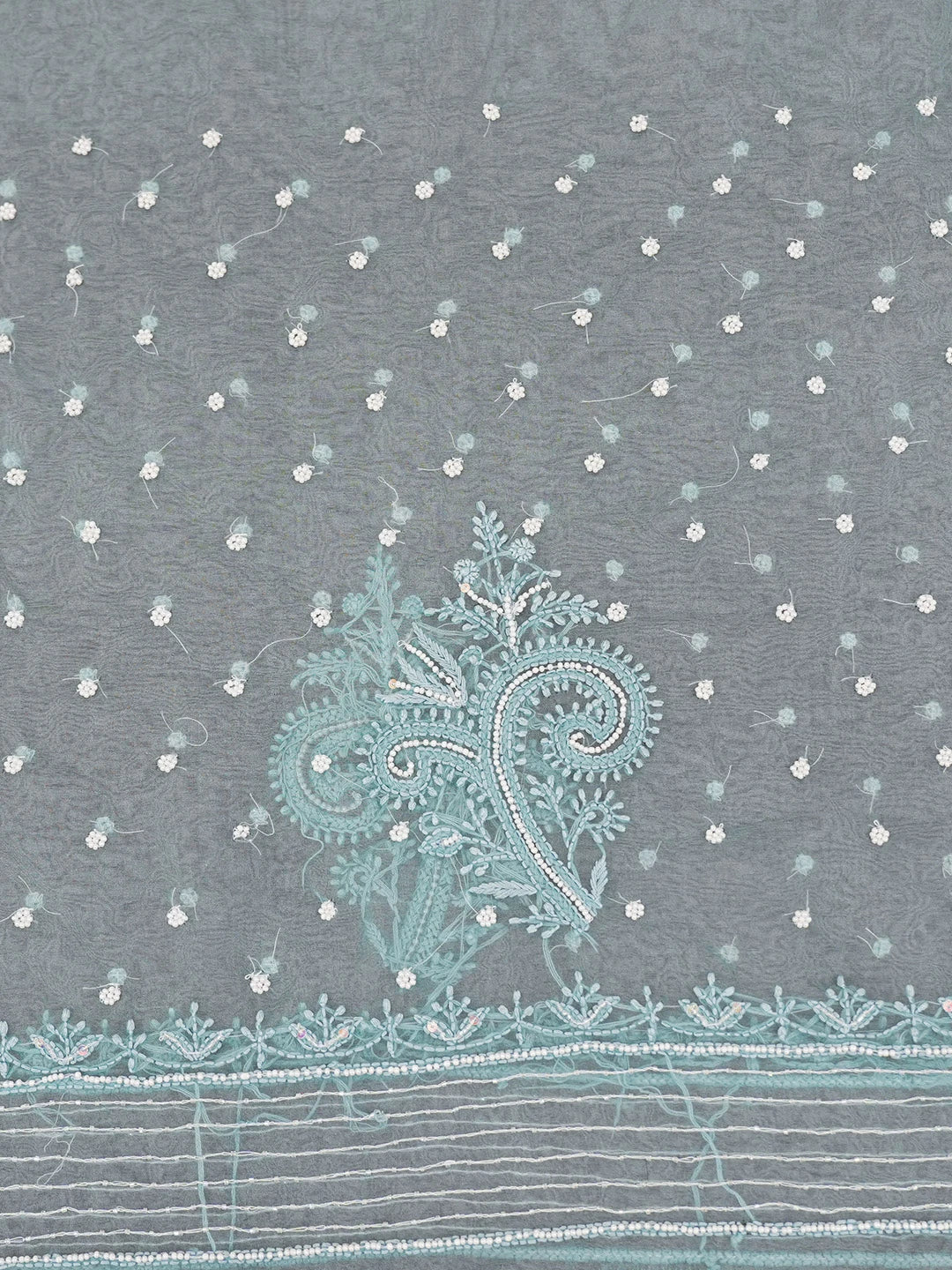 Ada Hand Embroidered Teal Blue Organza Lucknowi Chikankari Saree and Blouse With Cutdana and Pearl Work 01A622306