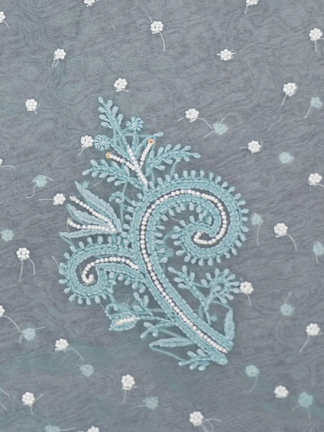 Ada Hand Embroidered Teal Blue Organza Lucknowi Chikankari Saree and Blouse With Cutdana and Pearl Work 01A622306