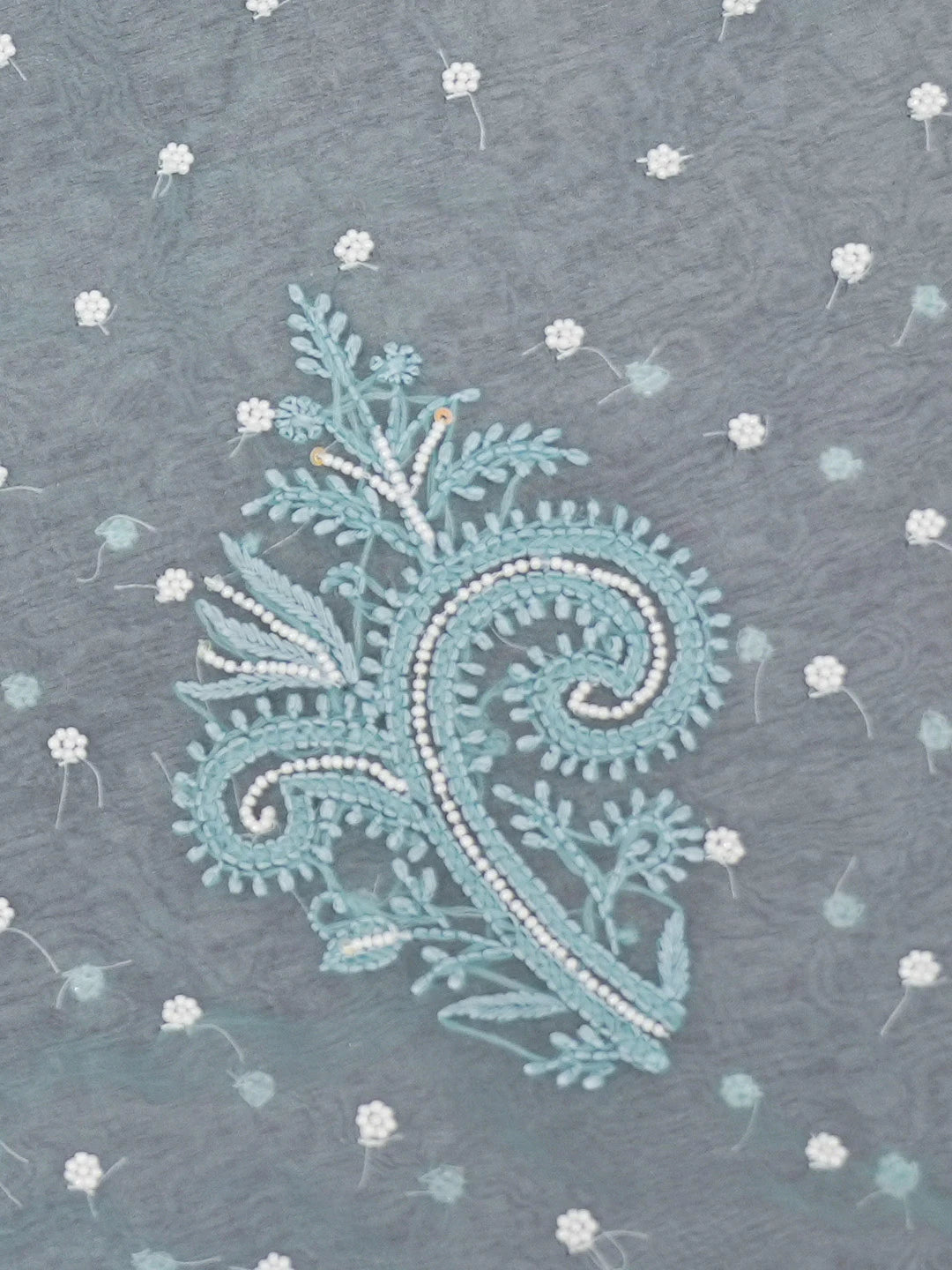 Ada Hand Embroidered Teal Blue Organza Lucknowi Chikankari Saree and Blouse With Cutdana and Pearl Work 01A622306
