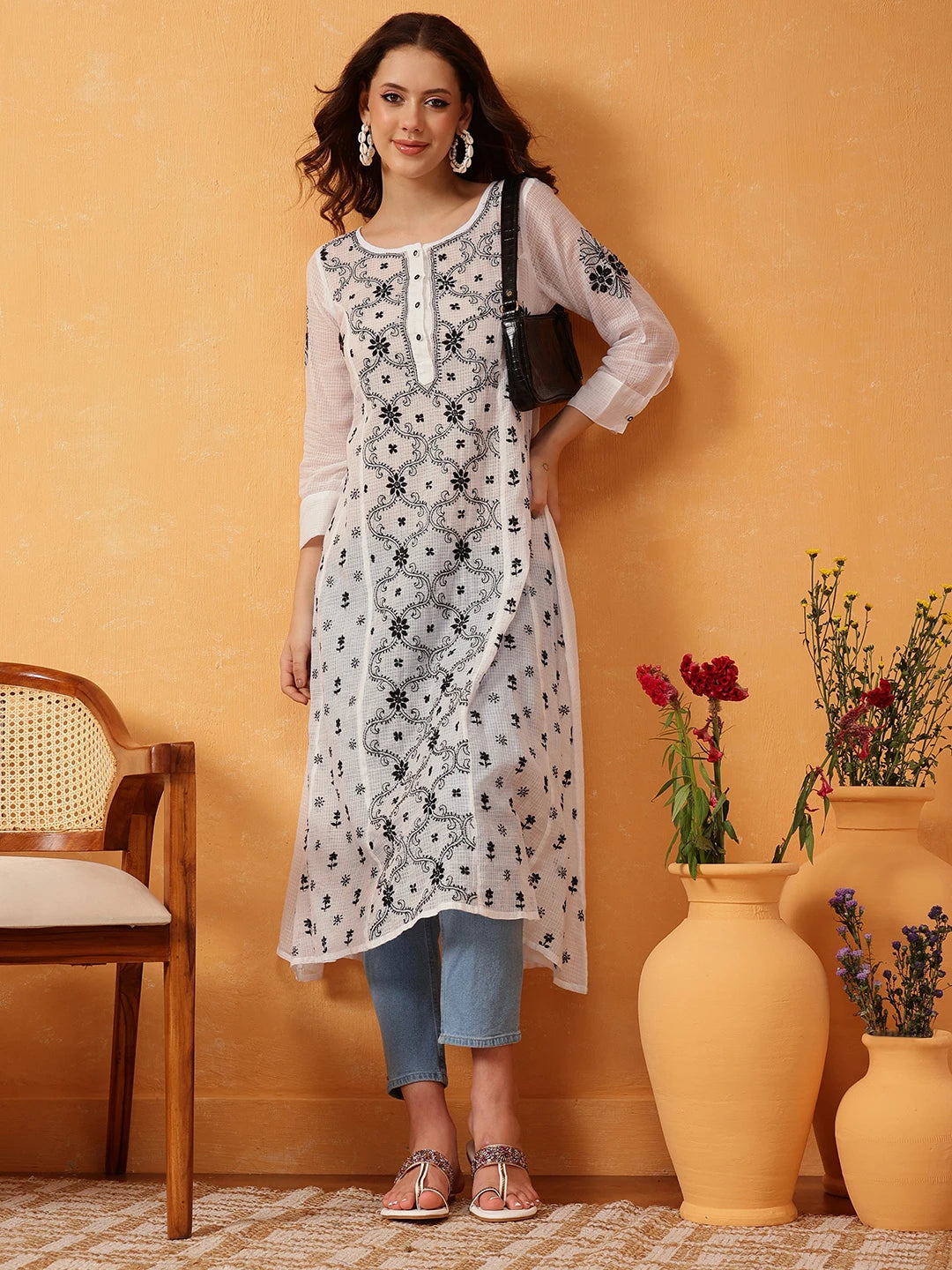 Ada Hand Embroidered White & Black Kota Lucknowi Chikankari A Line Kurta A411674
