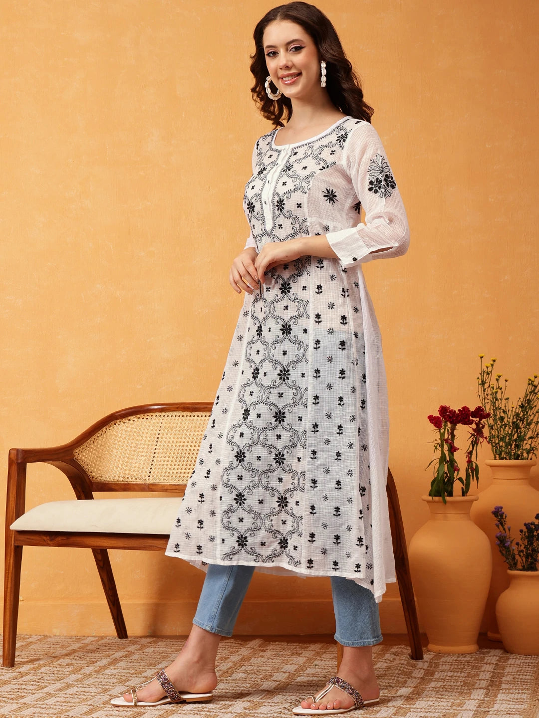 Ada Hand Embroidered White & Black Kota Lucknowi Chikankari A Line Kurta A411674