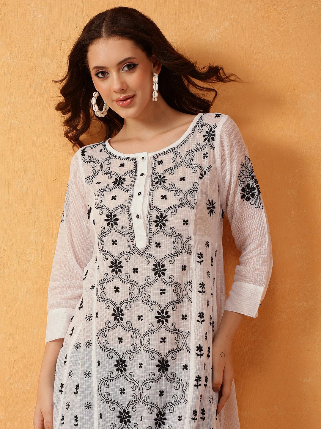 Ada Hand Embroidered White & Black Kota Lucknowi Chikankari A Line Kurta A411674