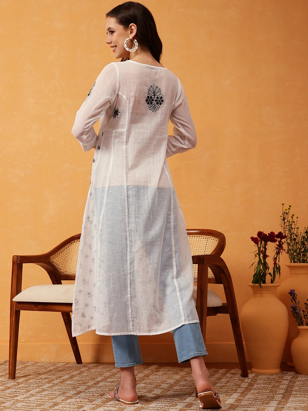 Ada Hand Embroidered White & Black Kota Lucknowi Chikankari A Line Kurta A411674