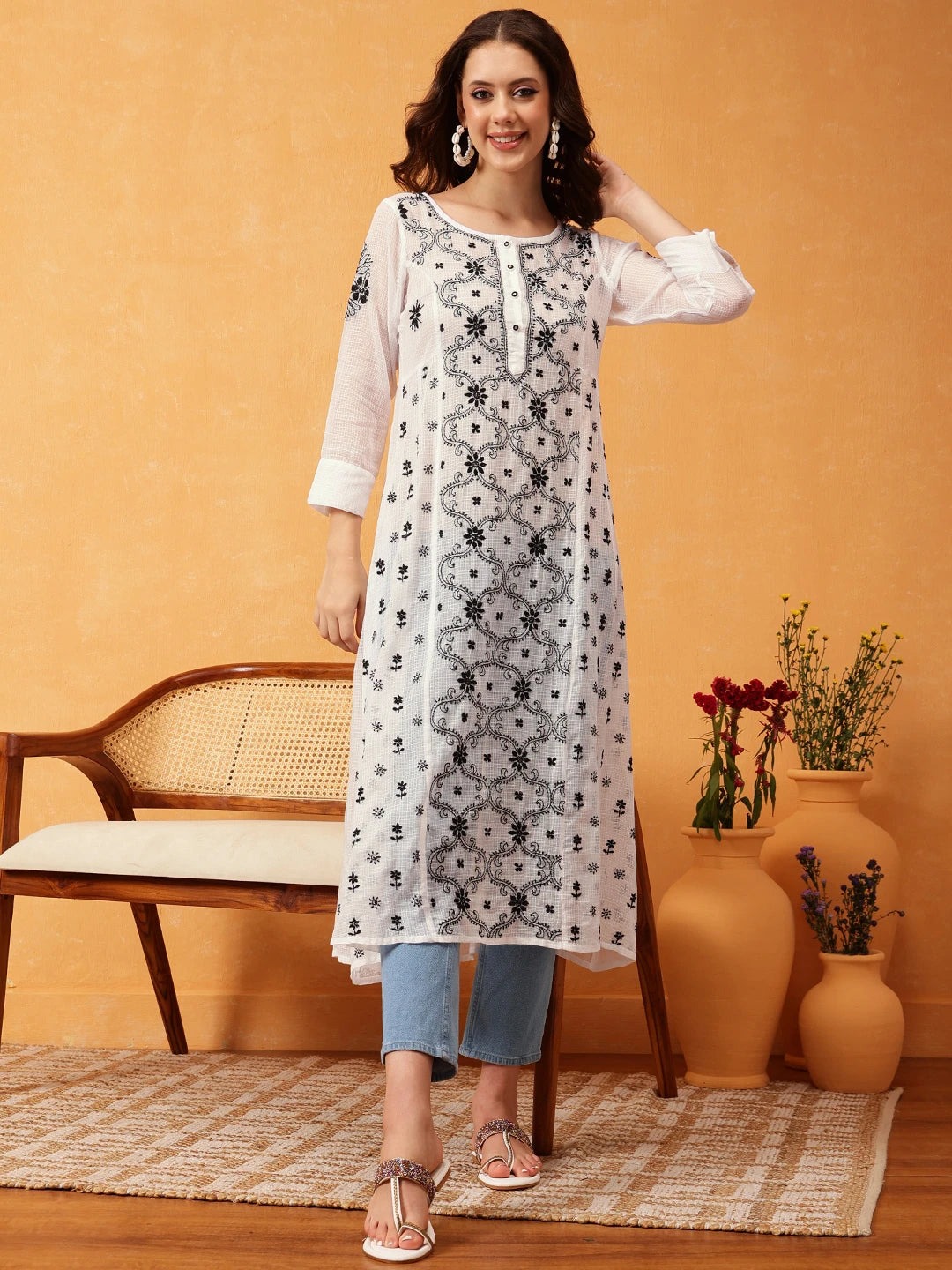 Ada Hand Embroidered White & Black Kota Lucknowi Chikankari A Line Kurta A411674