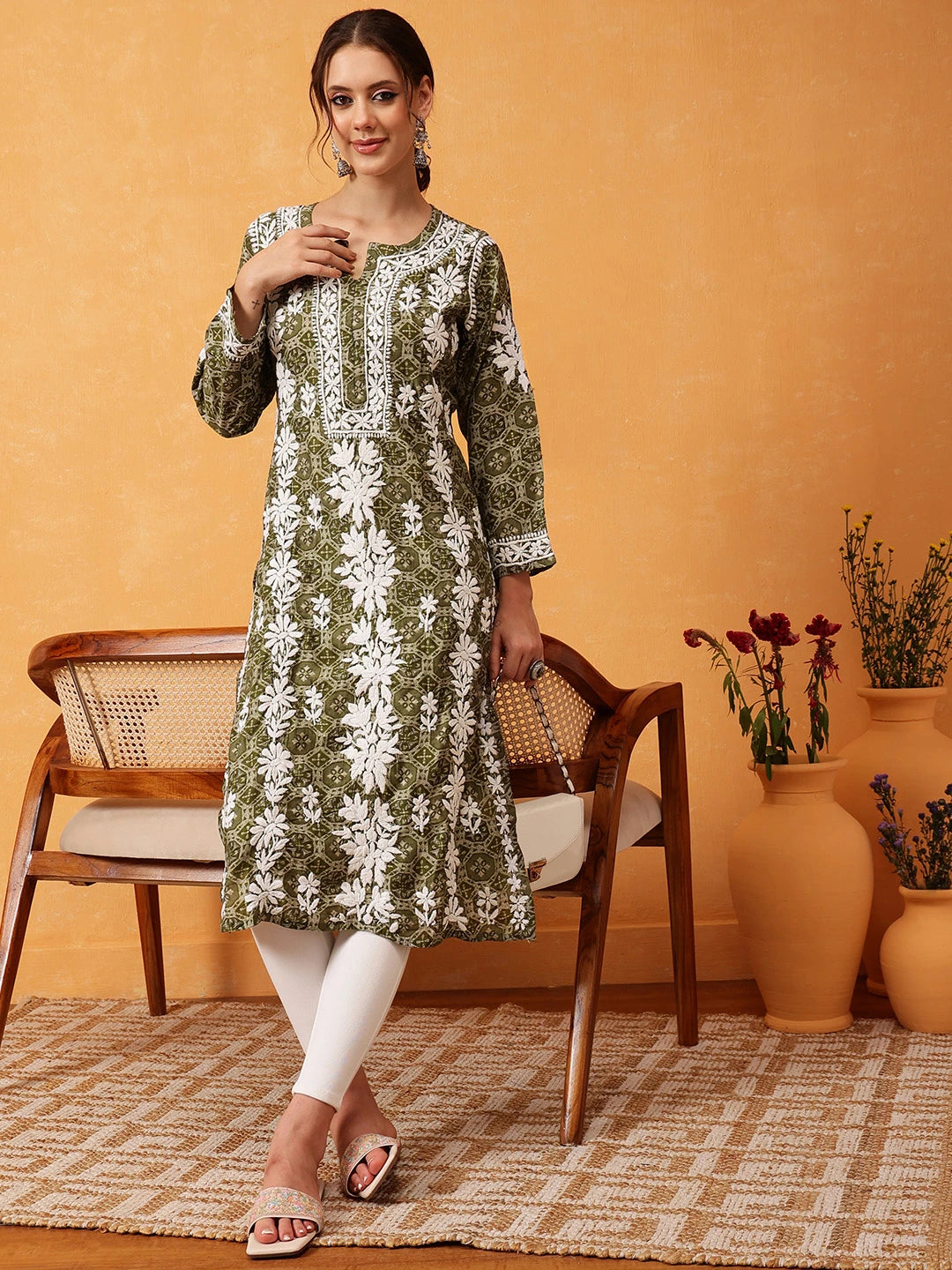 Ada Hand Embroidered Printed Green Chanderi Lucknowi Chikankari Straight Kurta A411575