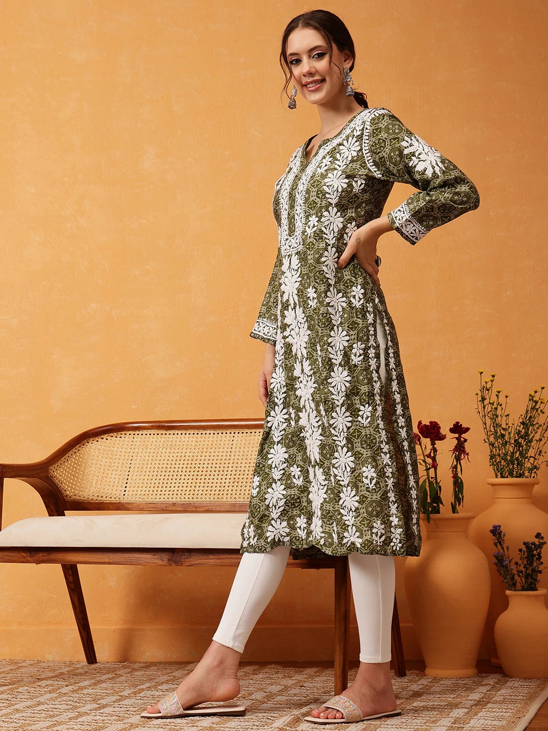 Ada Hand Embroidered Printed Green Chanderi Lucknowi Chikankari Straight Kurta A411575
