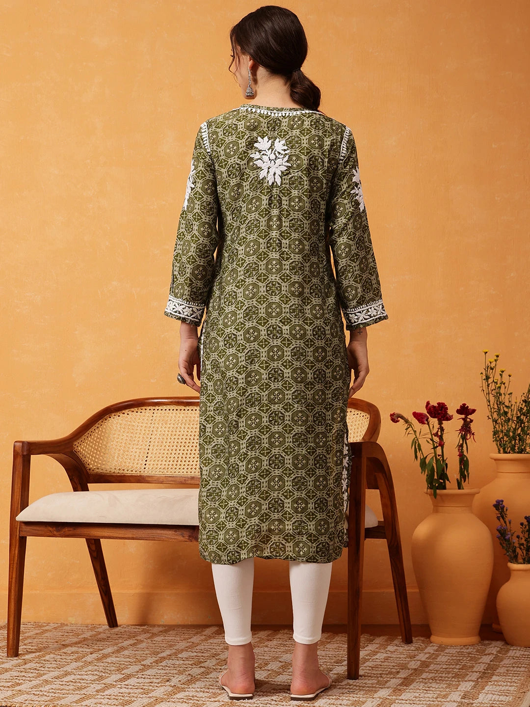 Ada Hand Embroidered Printed Green Chanderi Lucknowi Chikankari Straight Kurta A411575