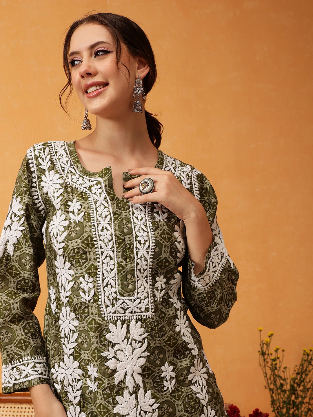 Ada Hand Embroidered Printed Green Chanderi Lucknowi Chikankari Straight Kurta A411575